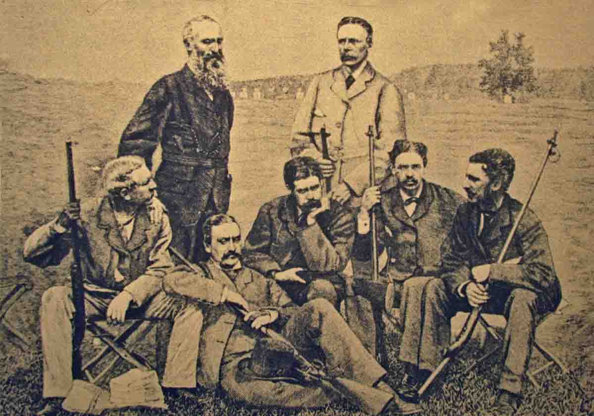 The Irish team of 1874. Front row, from left: Dr. J. B. Hamilton, Capt. F. Walker, J. K. Milner, Edmond Johnson, James Wilson. Standing, from left: Irish Team Captain, Major Arthur B. Leech, John Rigby.